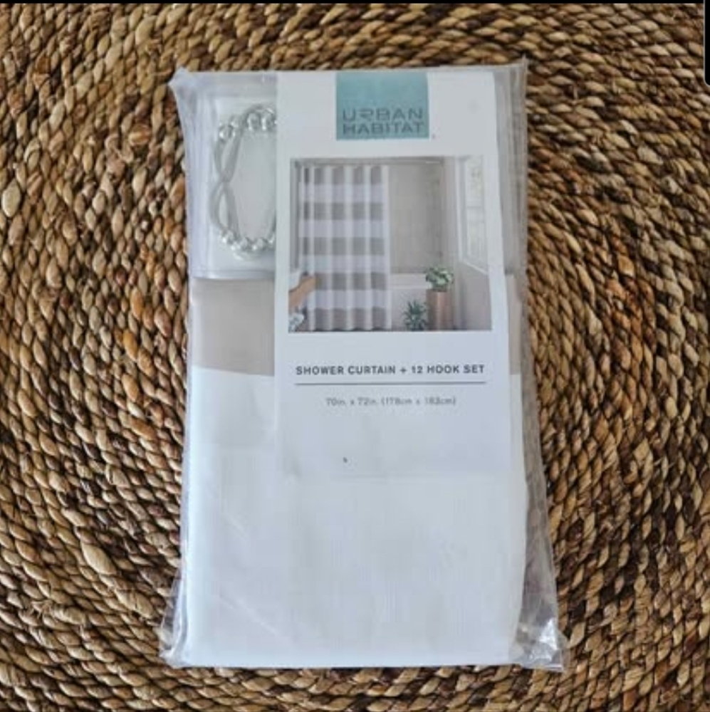 NEW Urban Habitat Taupe & White Striped Shower Curtain & Silver Hooks Set